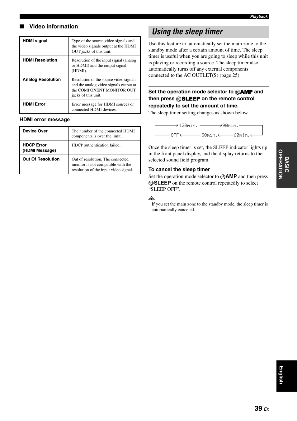 Using the sleep timer | Yamaha RX-V3900 User Manual | Page 43 / 169