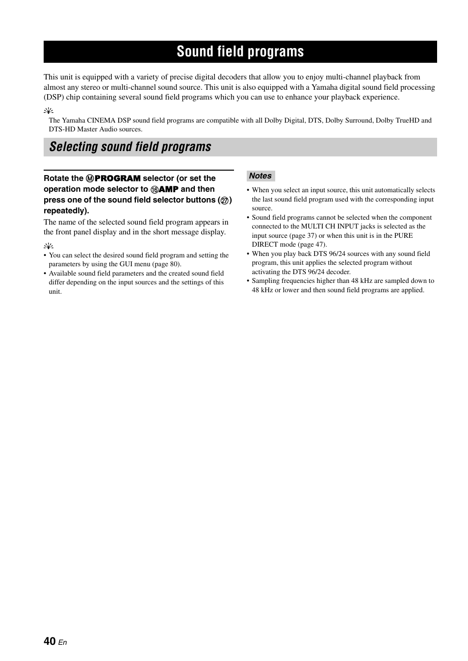 Sound field programs, Selecting sound field programs, P. 40 | Yamaha RX-V3900 User Manual | Page 44 / 169