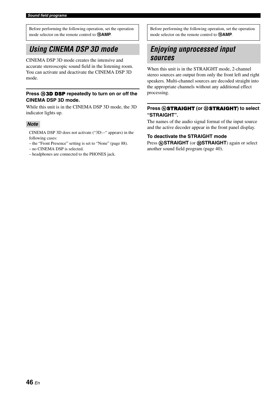 Using cinema dsp 3d mode, Enjoying unprocessed input sources | Yamaha RX-V3900 User Manual | Page 50 / 169