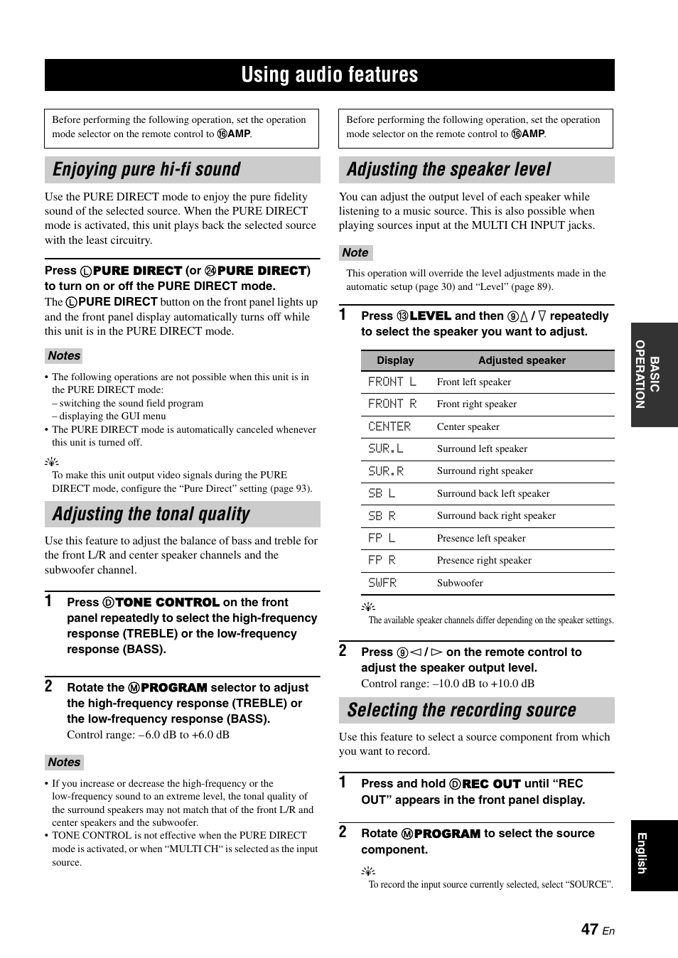 Using audio features, Enjoying pure hi-fi sound, Adjusting the tonal quality | Adjusting the speaker level, Selecting the recording source, P. 47 | Yamaha RX-V3900 User Manual | Page 51 / 169