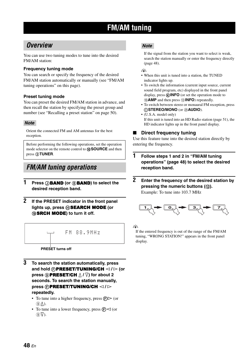 Fm/am tuning, Overview, Fm/am tuning operations | Overview fm/am tuning operations, P. 48 | Yamaha RX-V3900 User Manual | Page 52 / 169