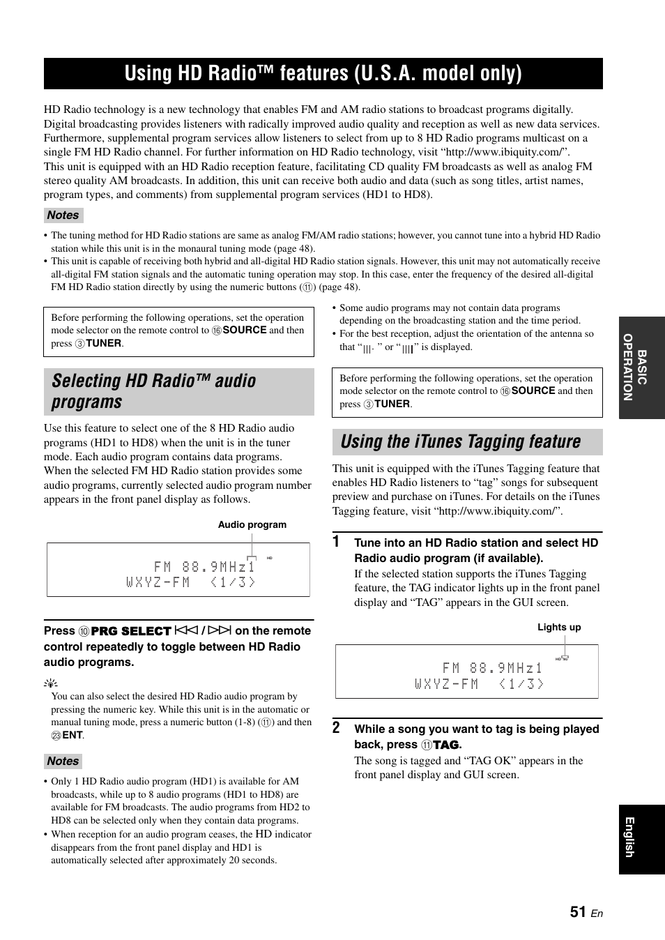Using hd radio™ features (u.s.a. model only), Selecting hd radio™ audio programs, Using the itunes tagging feature | Using hd radio™ features, U.s.a. model only) | Yamaha RX-V3900 User Manual | Page 55 / 169