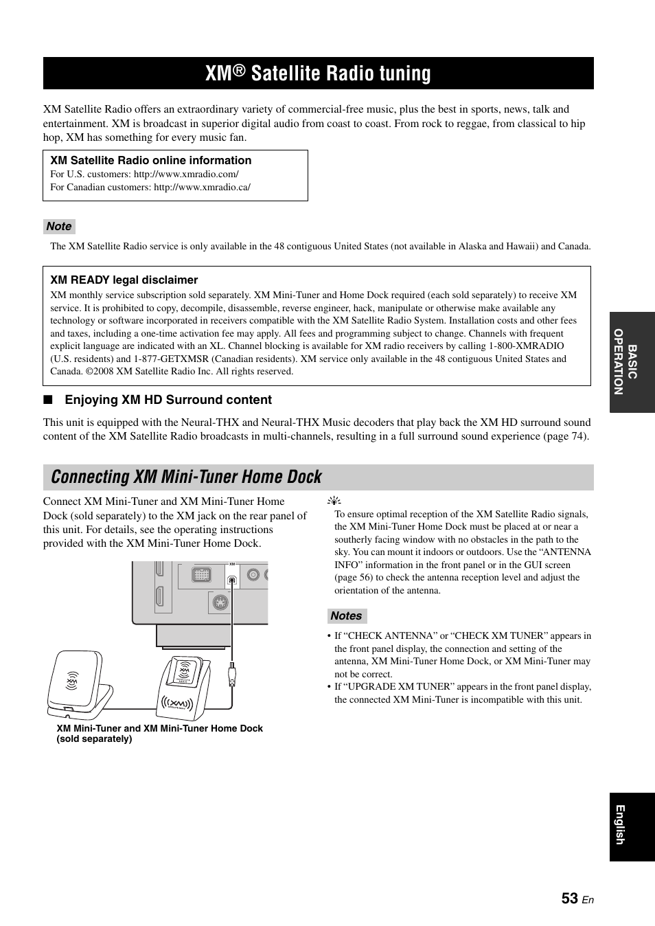 Xm® satellite radio tuning, Connecting xm mini-tuner home dock, Satellite radio tuning | P. 53 | Yamaha RX-V3900 User Manual | Page 57 / 169