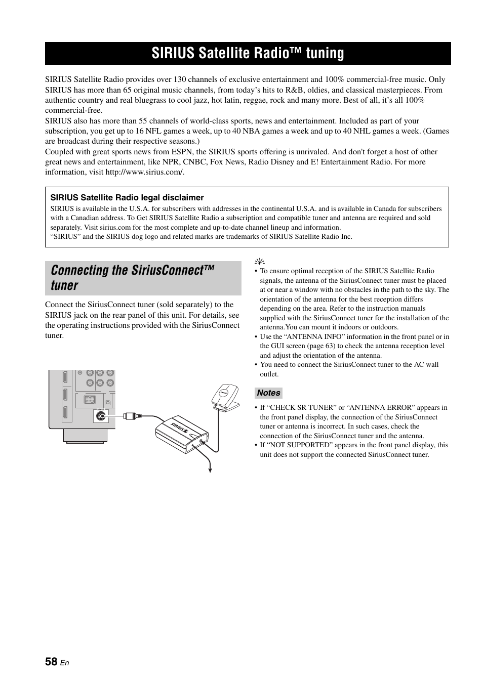Sirius satellite radio™ tuning, Connecting the siriusconnect™ tuner, P. 58 | Yamaha RX-V3900 User Manual | Page 62 / 169
