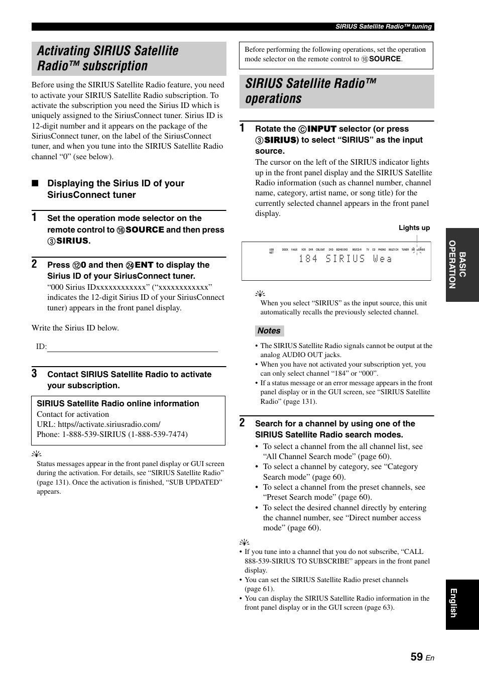 Activating sirius satellite radio™ subscription, Sirius satellite radio™ operations, Activating sirius satellite radio | Subscription | Yamaha RX-V3900 User Manual | Page 63 / 169