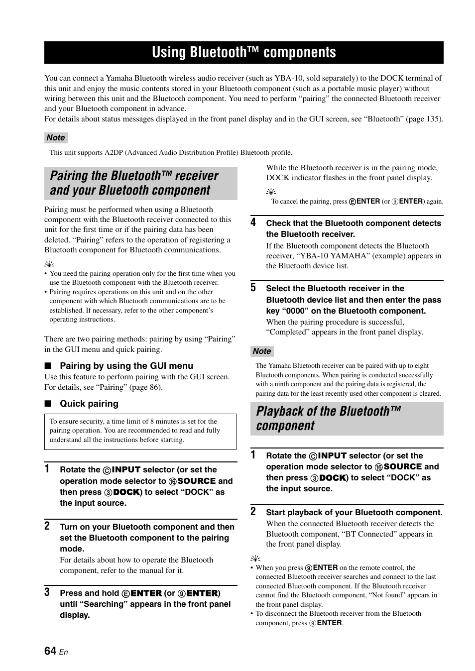 Using bluetooth™ components, Playback of the bluetooth™ component, Pairing the bluetooth™ receiver and your | Bluetooth component, P. 64 | Yamaha RX-V3900 User Manual | Page 68 / 169