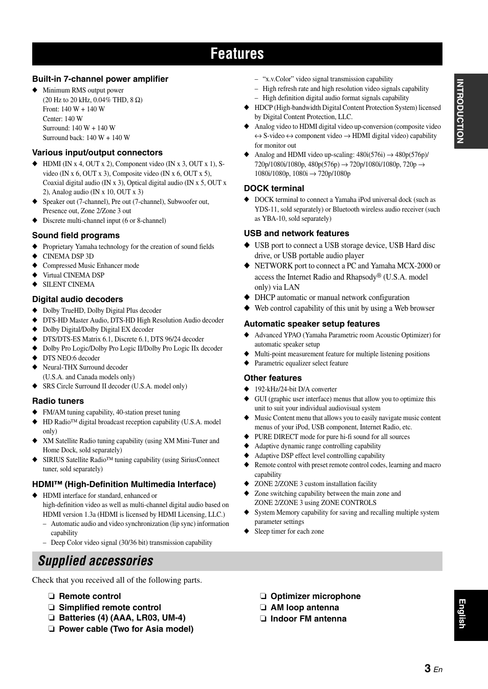 Introduction, Features, Supplied accessories | Yamaha RX-V3900 User Manual | Page 7 / 169