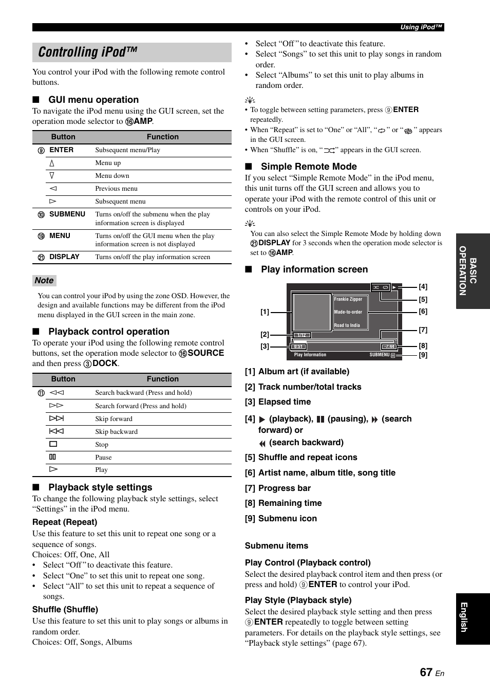 Controlling ipod, Gui menu operation, Playback control operation | Playback style settings, Simple remote mode, Play information screen | Yamaha RX-V3900 User Manual | Page 71 / 169