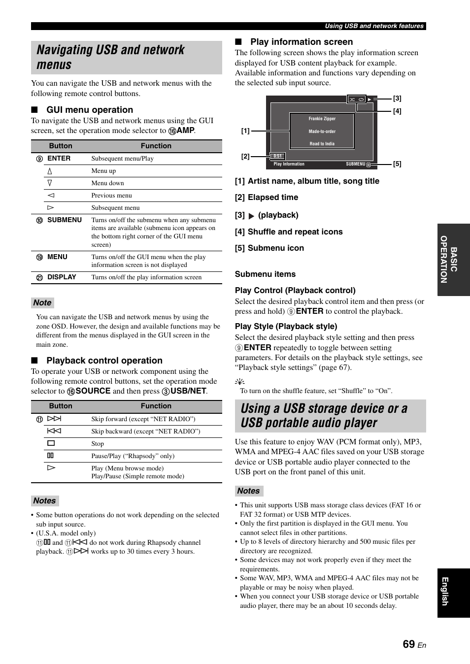 Navigating usb and network menus, Audio player, Gui menu operation | Playback control operation, Play information screen | Yamaha RX-V3900 User Manual | Page 73 / 169