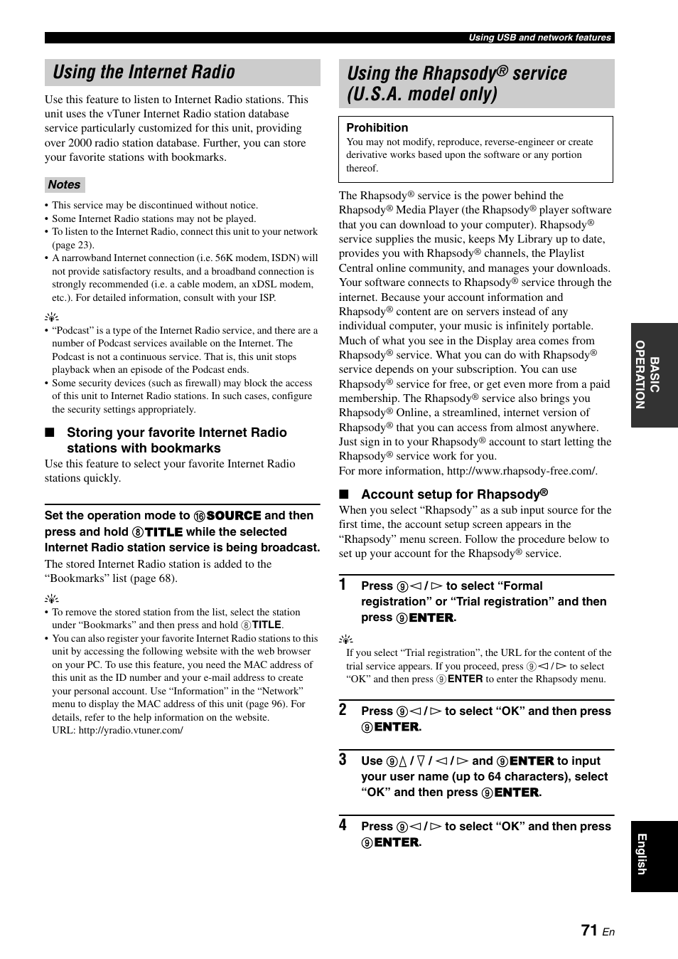 Using the internet radio, Using the rhapsody® service (u.s.a. model only), U.s.a. model only) | Using the rhapsody, Service (u.s.a. model only) | Yamaha RX-V3900 User Manual | Page 75 / 169