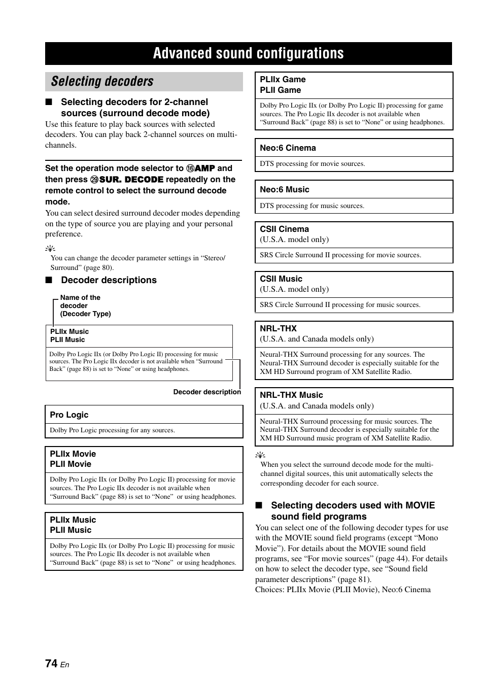 Advanced operation, Advanced sound configurations, Selecting decoders | Yamaha RX-V3900 User Manual | Page 78 / 169