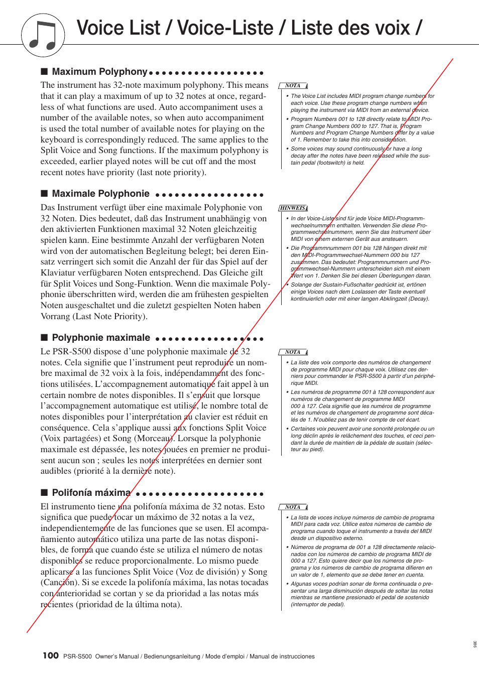 Lista de voces, Voice list, Voice list / voice-liste / liste des voix | Maximum polyphony, Maximale polyphonie, Polyphonie maximale, Polifonía máxima | Yamaha WH27910 User Manual | Page 100 / 122