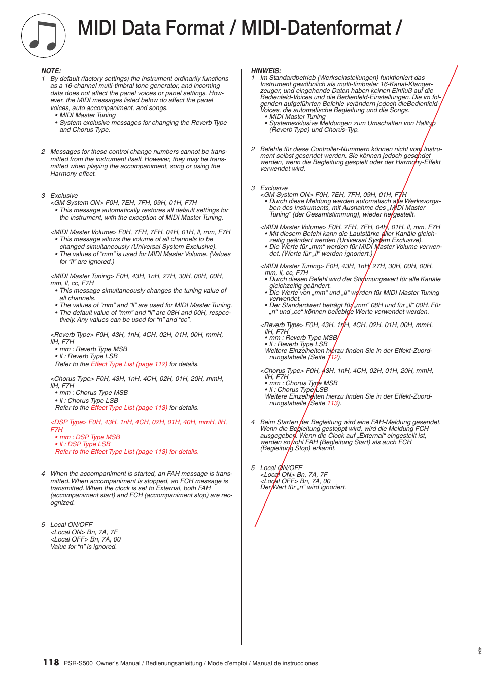 Formato de datos midi, Midi data format, Midi data format / midi-datenformat | Yamaha WH27910 User Manual | Page 118 / 122