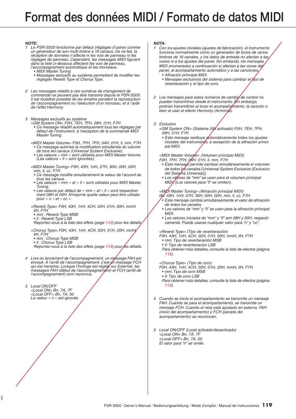 Format des données midi / formato de datos midi | Yamaha WH27910 User Manual | Page 119 / 122