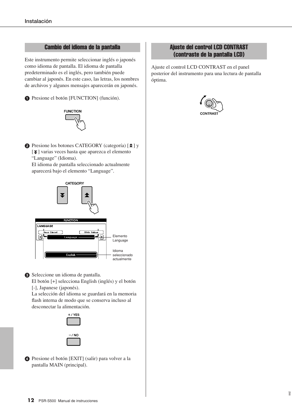 Contraste de la pantalla lcd), Cambio del idioma de la pantalla | Yamaha WH27910 User Manual | Page 12 / 122