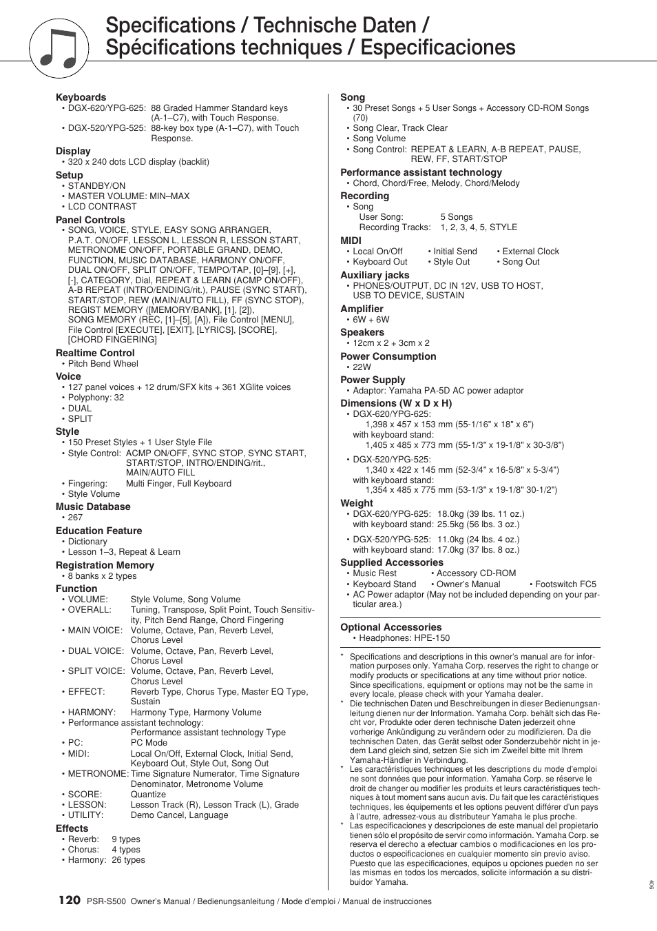 Especificaciones, Options, Specifications | Yamaha WH27910 User Manual | Page 120 / 122