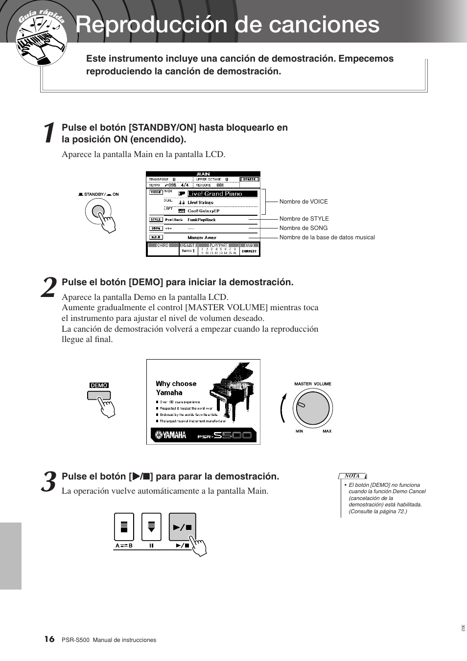 Guía rápida, Reproducción de canciones | Yamaha WH27910 User Manual | Page 16 / 122