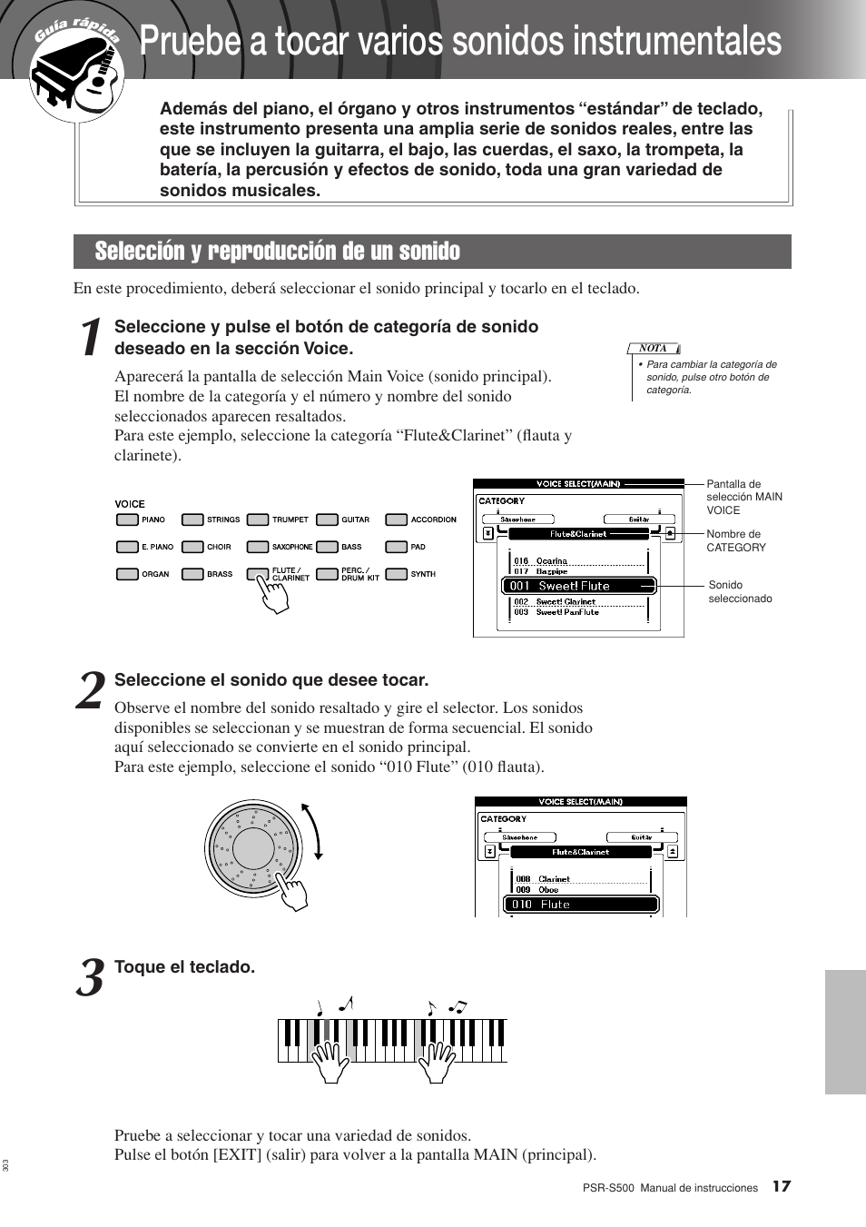 Pruebe a tocar varios sonidos instrumentales, Selección y reproducción de un sonido | Yamaha WH27910 User Manual | Page 17 / 122