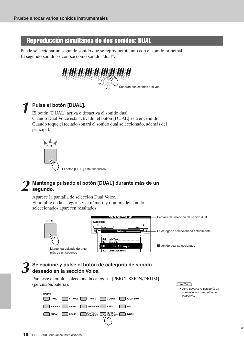 Reproducción simultánea de dos sonidos: dual | Yamaha WH27910 User Manual | Page 18 / 122