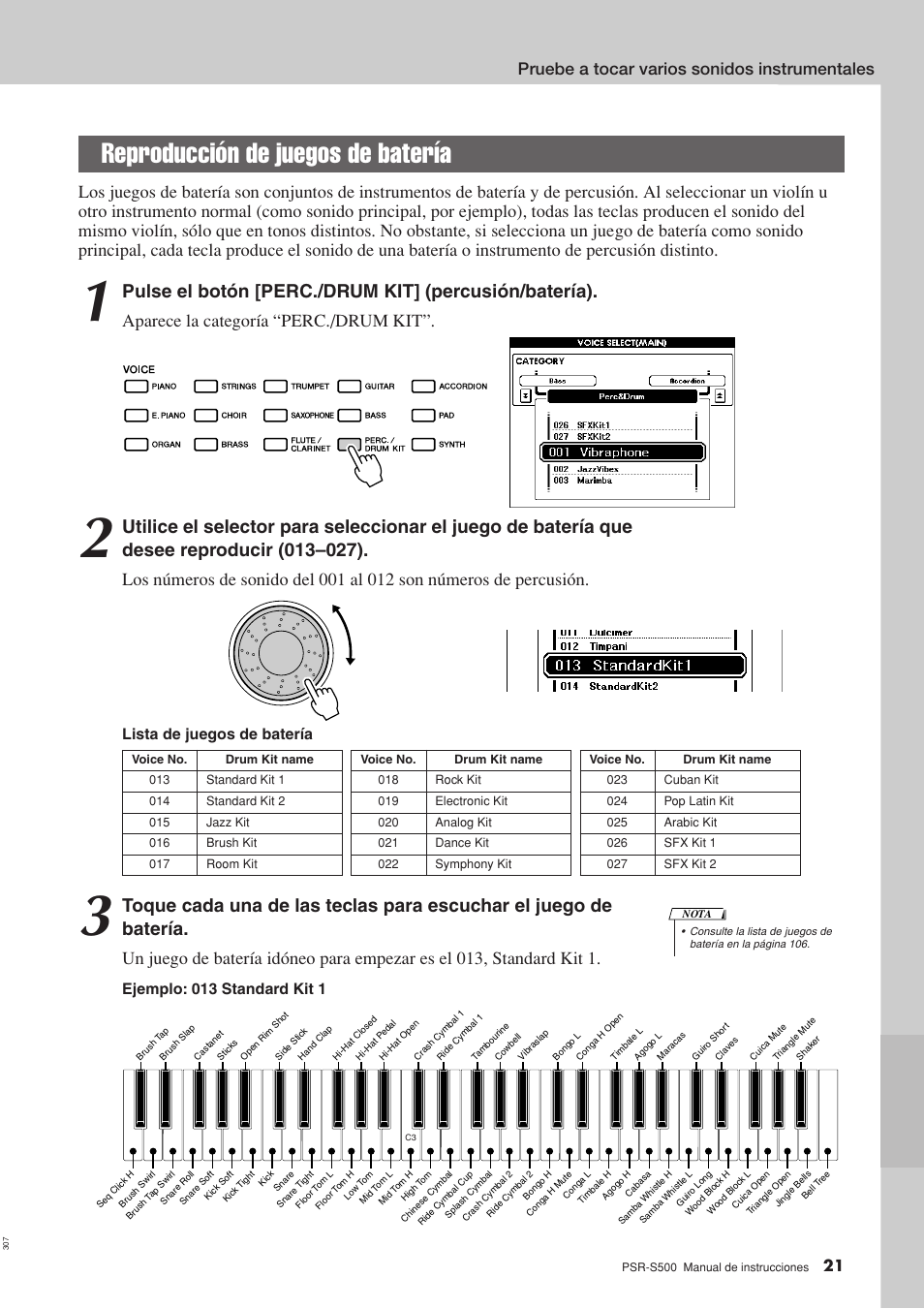 Reproducción de juegos de batería, Aparece la categoría “perc./drum kit, Pruebe a tocar varios sonidos instrumentales | Lista de juegos de batería, Ejemplo: 013 standard kit 1 | Yamaha WH27910 User Manual | Page 21 / 122