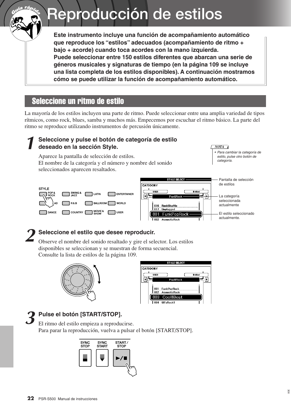 Reproducción de estilos, Seleccione un ritmo de estilo | Yamaha WH27910 User Manual | Page 22 / 122