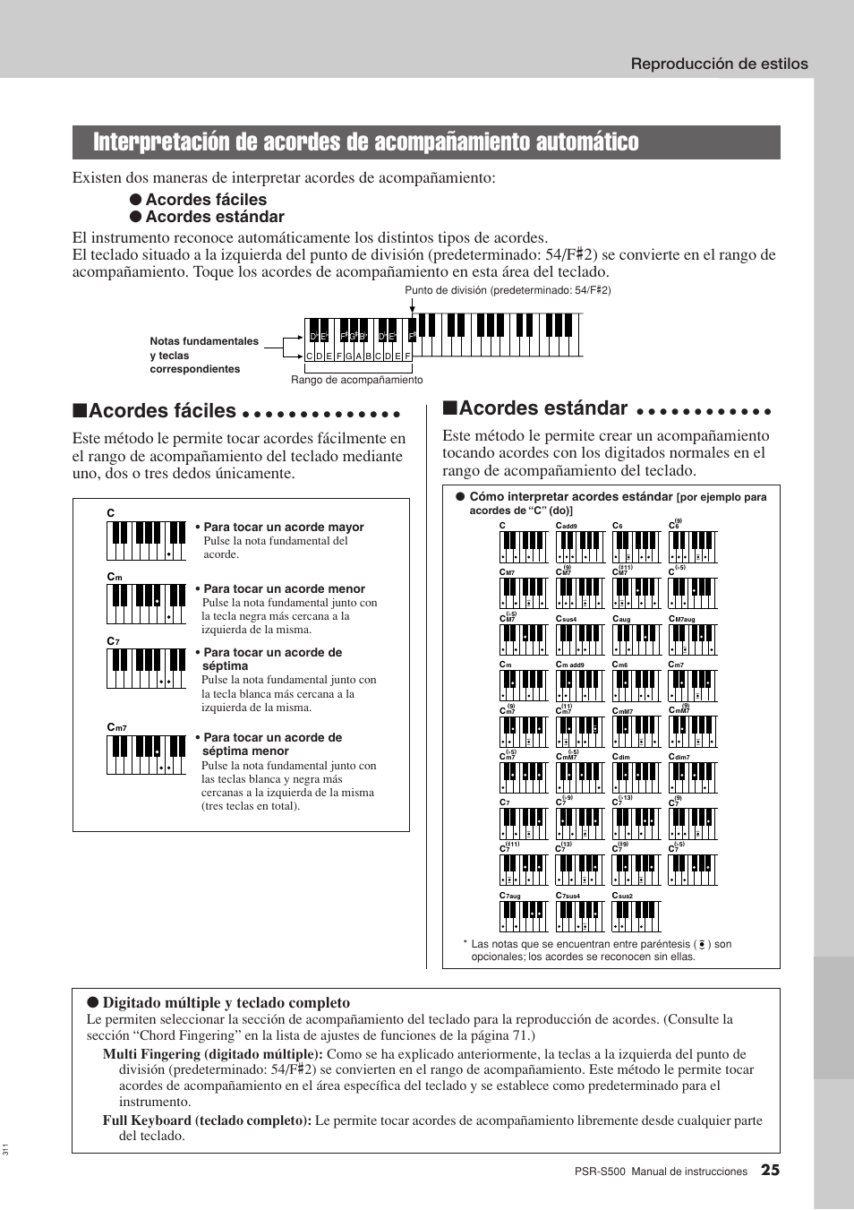 Acordes fáciles, Acordes estándar, Reproducción de estilos | Digitado múltiple y teclado completo, Cómo interpretar acordes estándar | Yamaha WH27910 User Manual | Page 25 / 122