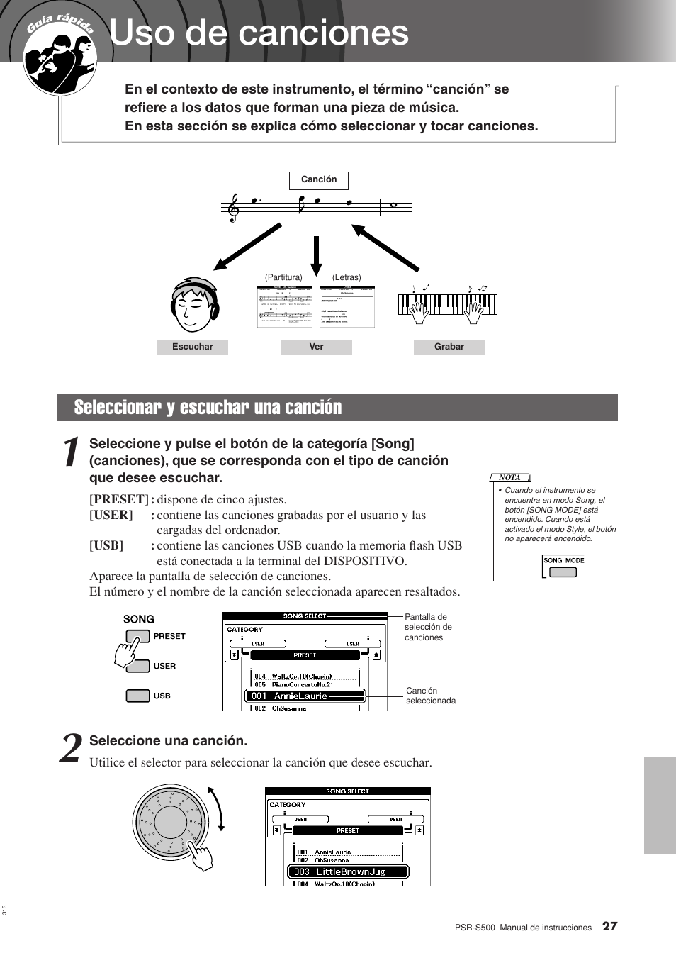 Uso de canciones, Seleccionar y escuchar una canción | Yamaha WH27910 User Manual | Page 27 / 122