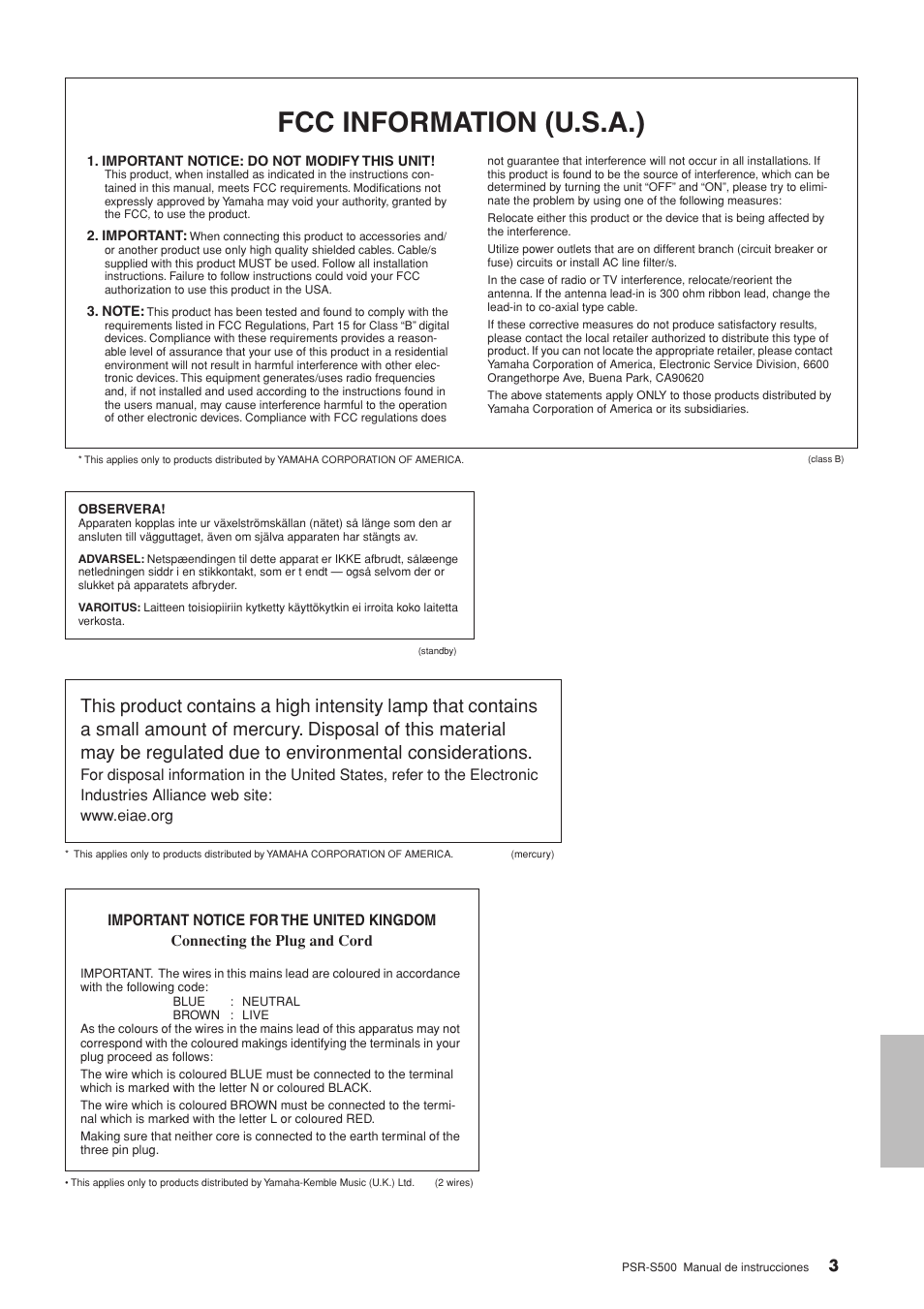 Fcc information (u.s.a.) | Yamaha WH27910 User Manual | Page 3 / 122