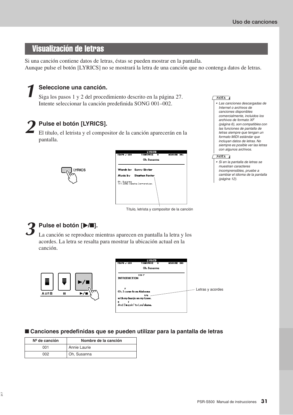 Visualización de letras | Yamaha WH27910 User Manual | Page 31 / 122