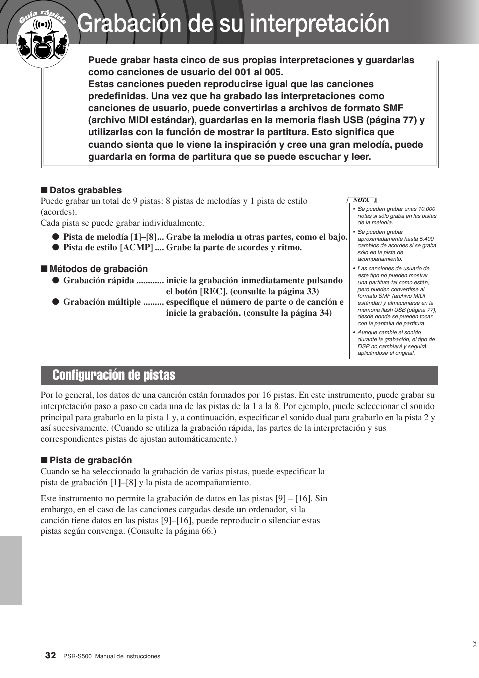 Grabación de su interpretación, Configuración de pistas | Yamaha WH27910 User Manual | Page 32 / 122