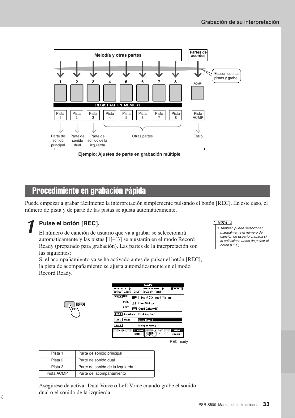 Procedimiento en grabación rápida, Pulse el botón [rec | Yamaha WH27910 User Manual | Page 33 / 122