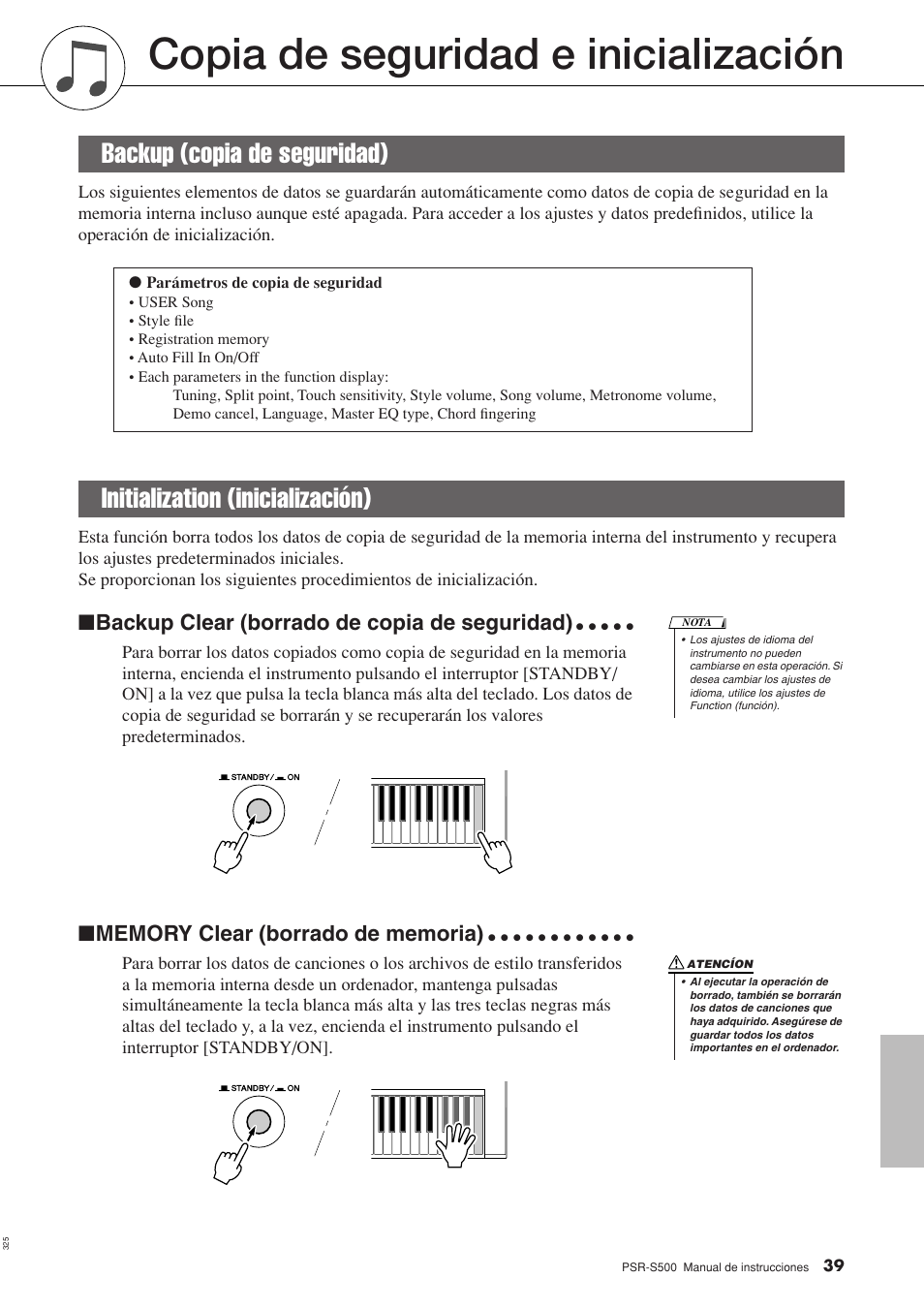 Copia de seguridad e inicialización, Backup (copia de seguridad), Initialization (inicialización) | Backup clear (borrado de copia de seguridad) | Yamaha WH27910 User Manual | Page 39 / 122