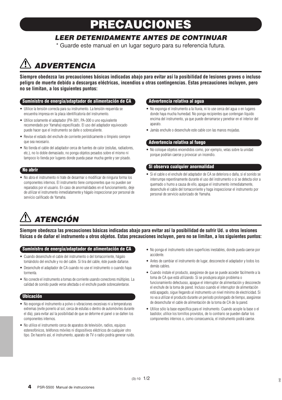 Precauciones, Advertencia, Atención | Leer detenidamente antes de continuar | Yamaha WH27910 User Manual | Page 4 / 122