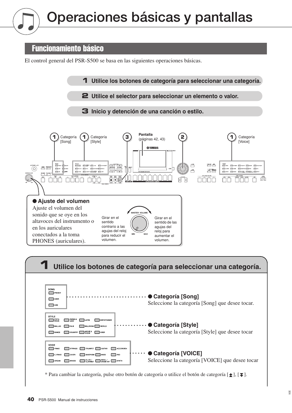 Operaciones básicas y pantallas, Funcionamiento básico | Yamaha WH27910 User Manual | Page 40 / 122