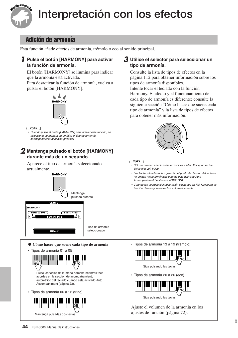 Referencia, Interpretación con los efectos, Adición de armonía | Yamaha WH27910 User Manual | Page 44 / 122