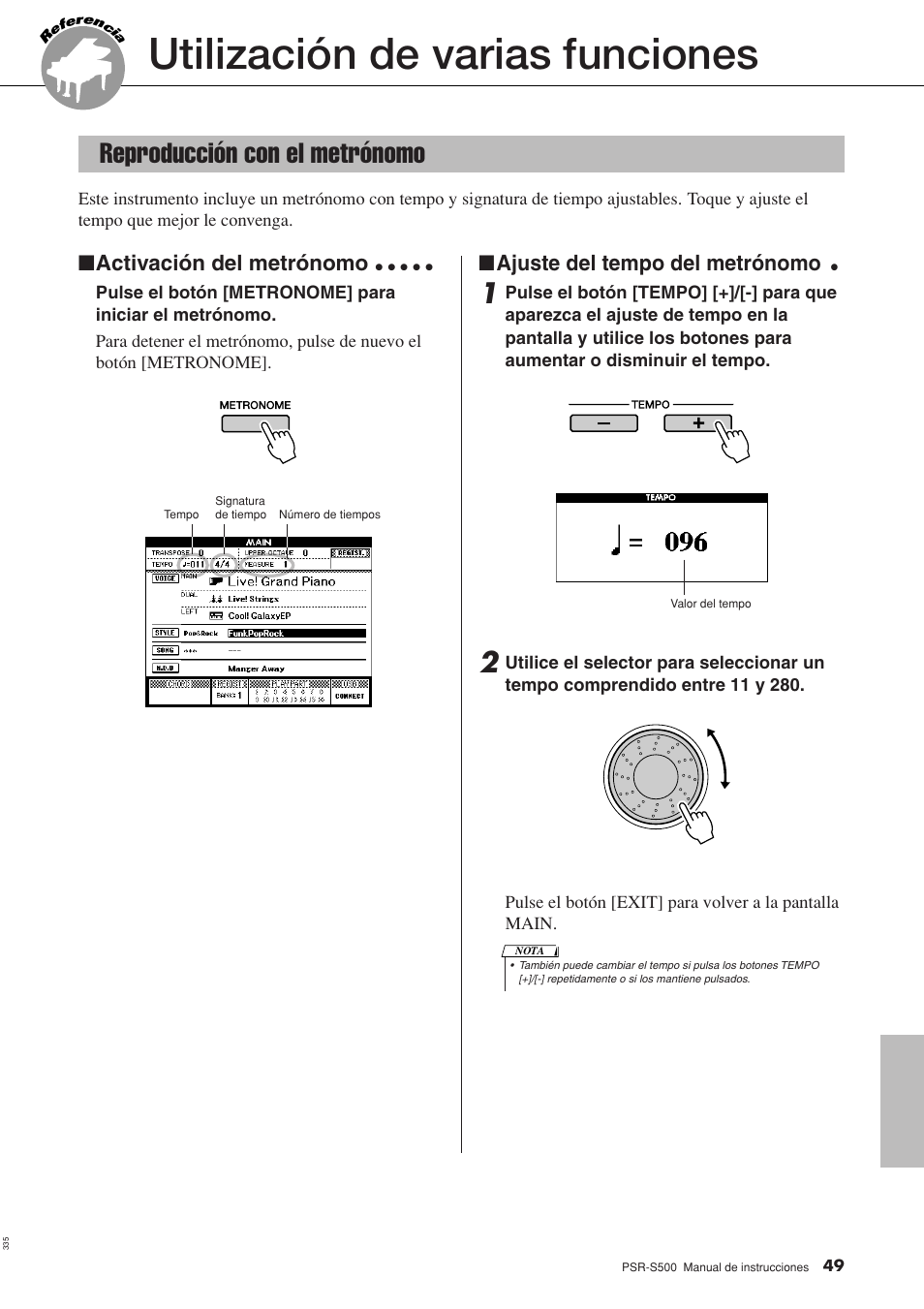 Utilización de varias funciones, Reproducción con el metrónomo, Activación del metrónomo | Ajuste del tempo del metrónomo | Yamaha WH27910 User Manual | Page 49 / 122