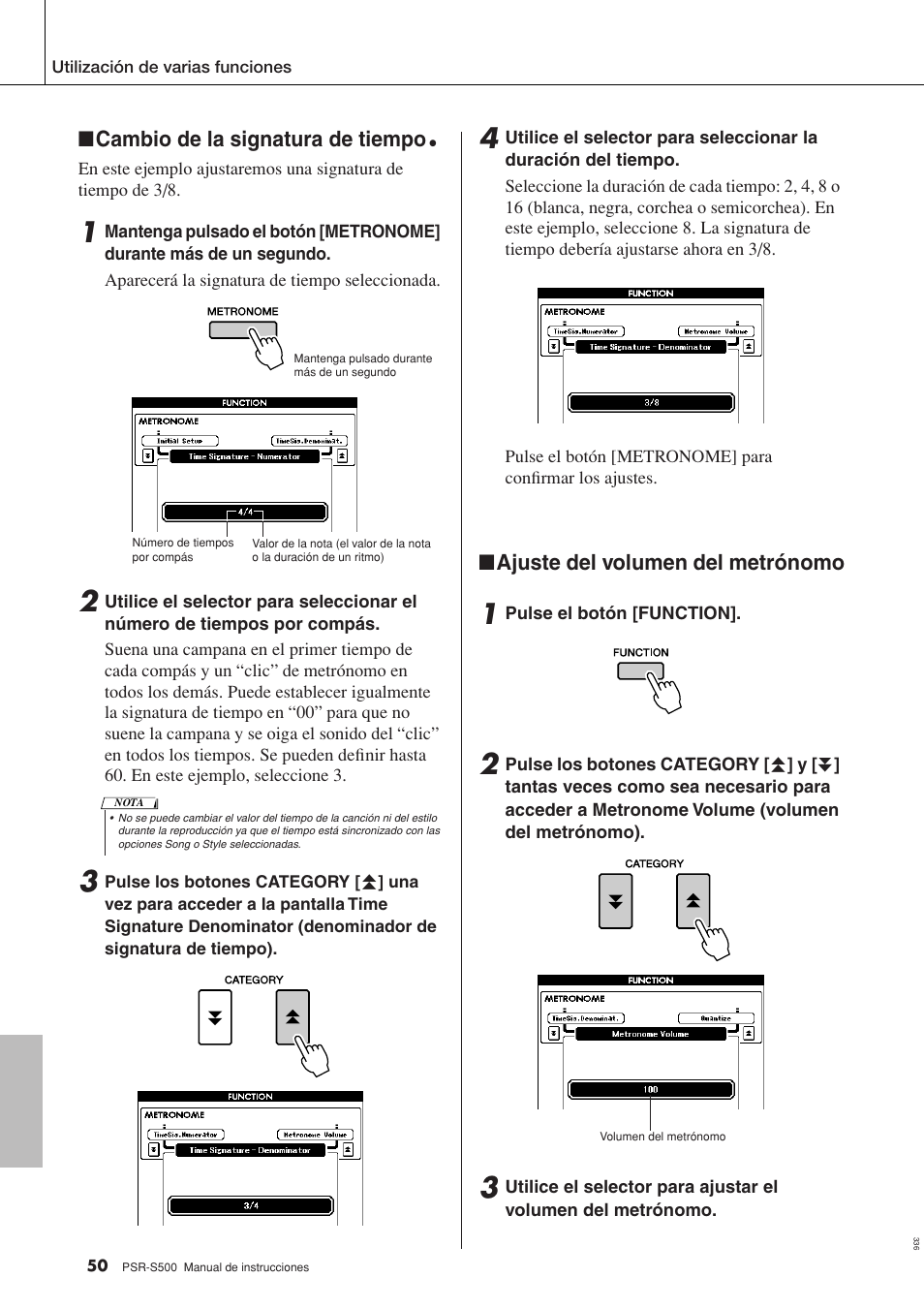 Cambio de la signatura de tiempo, Ajuste del volumen del metrónomo | Yamaha WH27910 User Manual | Page 50 / 122