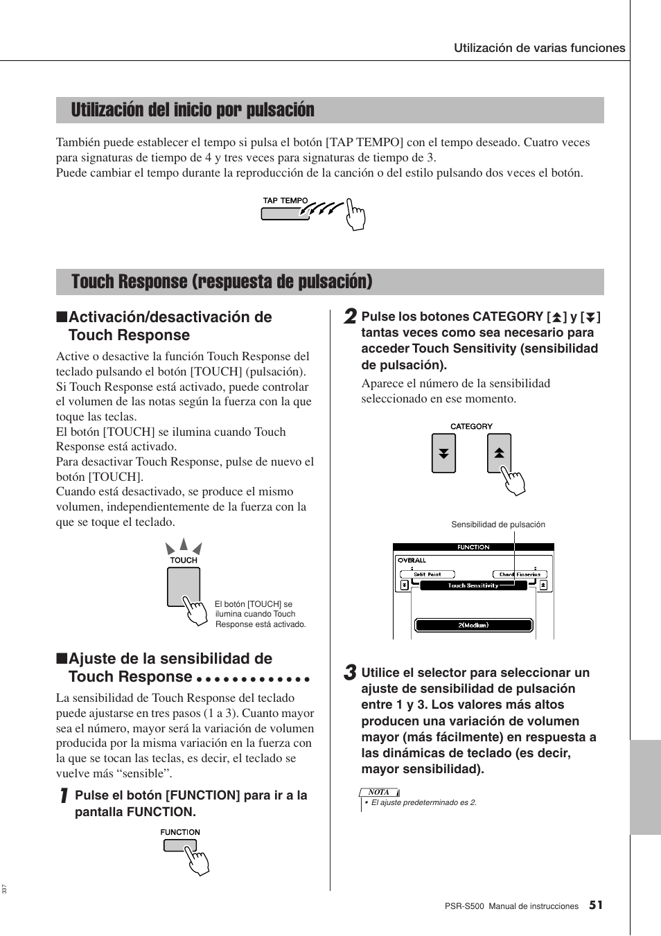 Activación/desactivación de touch response, Ajuste de la sensibilidad de touch response | Yamaha WH27910 User Manual | Page 51 / 122