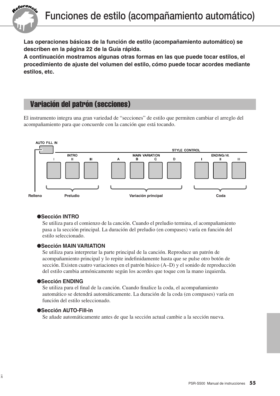 Funciones de estilo (acompañamiento automático), Variación del patrón (secciones) | Yamaha WH27910 User Manual | Page 55 / 122