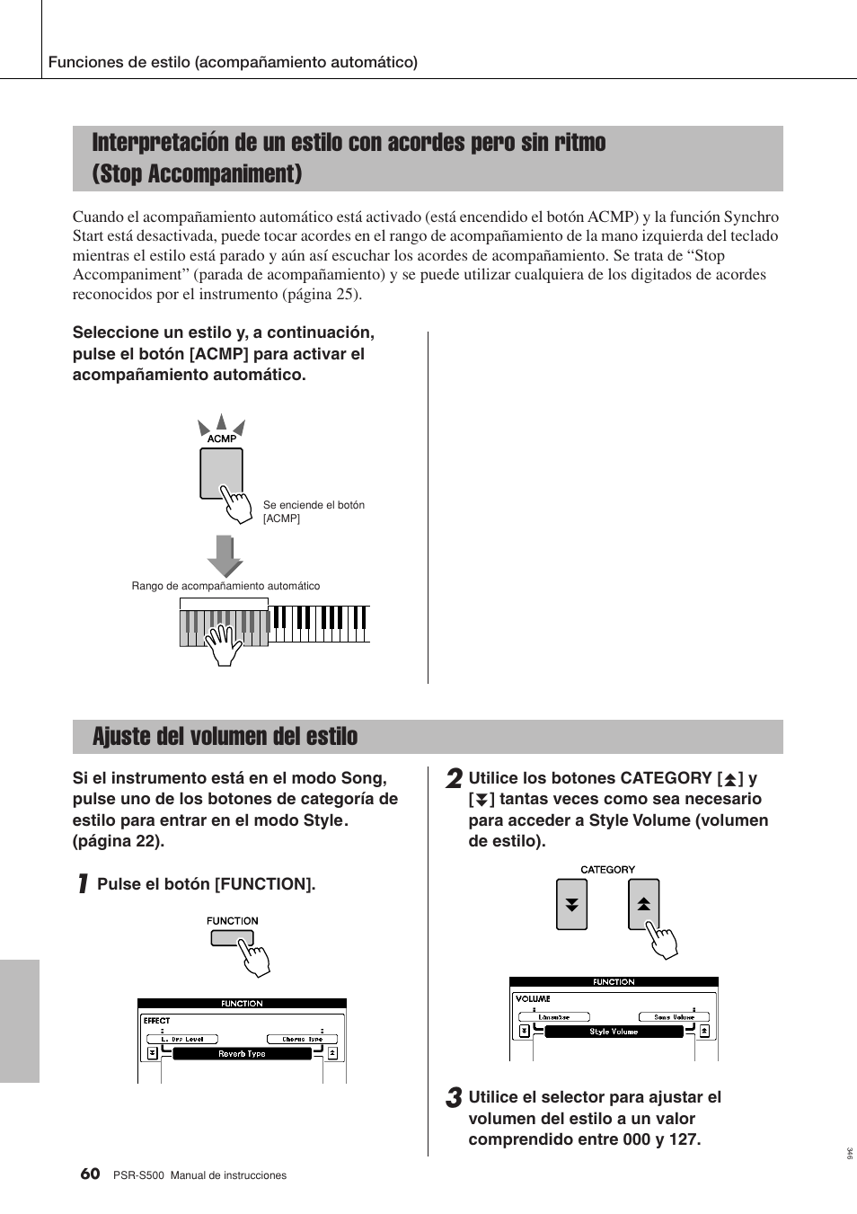 Stop accompaniment), Ajuste del volumen del estilo | Yamaha WH27910 User Manual | Page 60 / 122