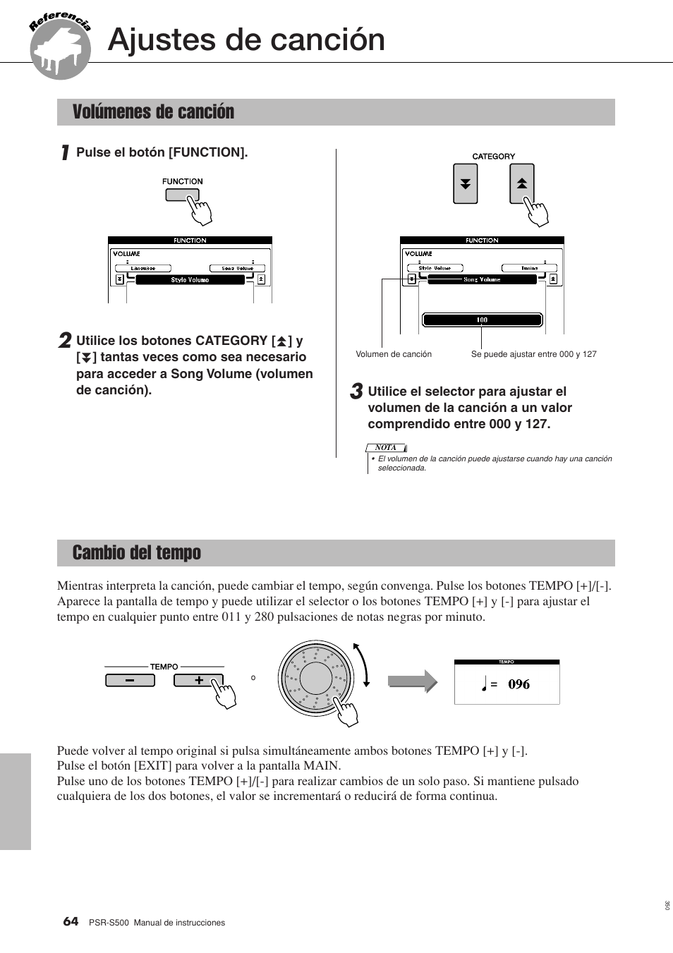 Ajustes de canción, Volúmenes de canción cambio del tempo, Volúmenes de canción | Cambio del tempo | Yamaha WH27910 User Manual | Page 64 / 122