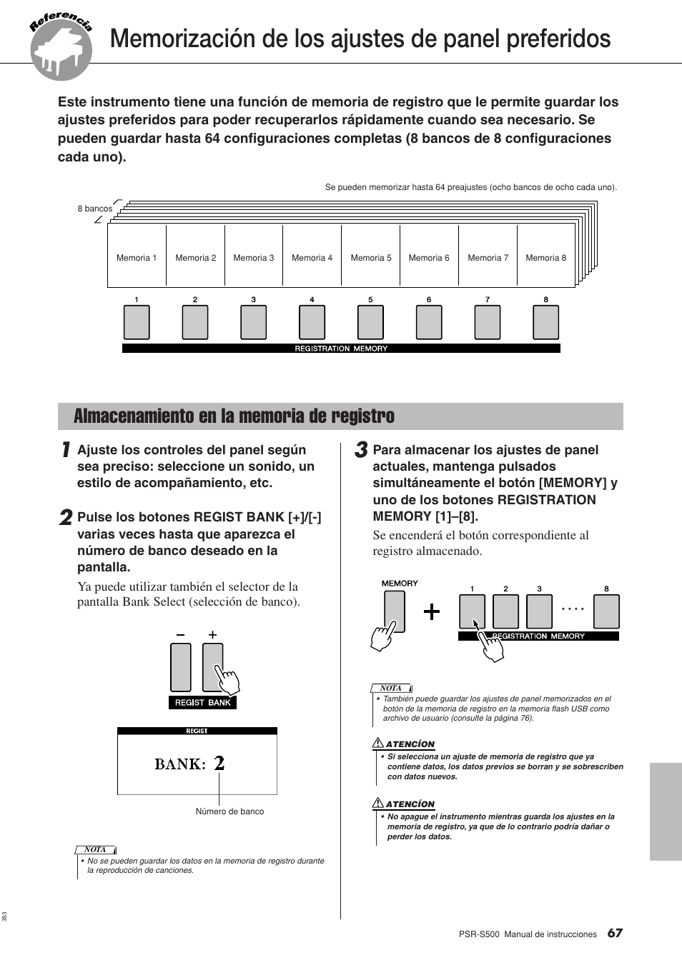 Memorización de los ajustes de panel preferidos, Gina 67, Almacenamiento en la memoria de registro | Yamaha WH27910 User Manual | Page 67 / 122