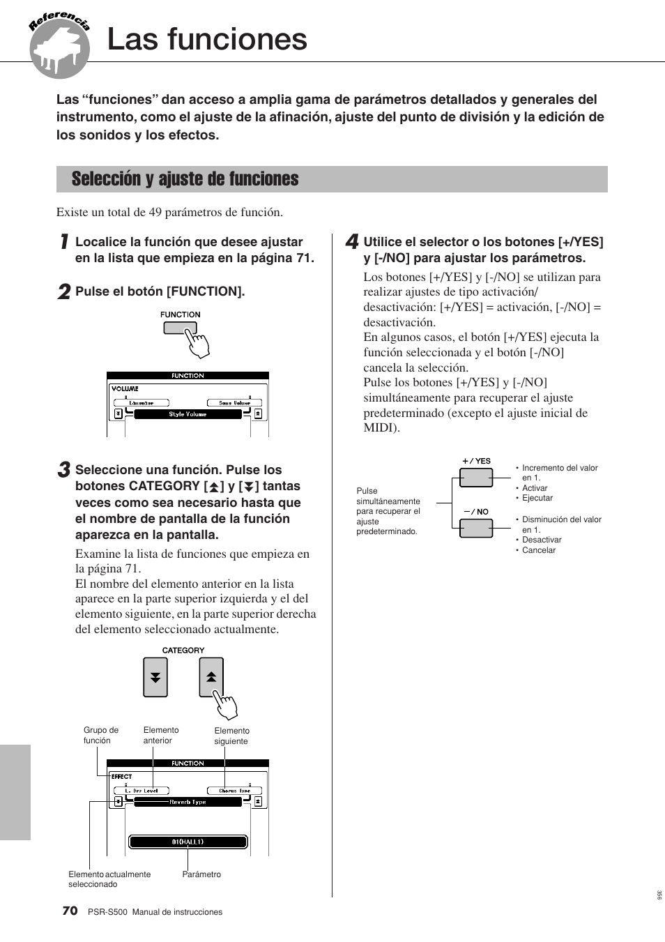 Las funciones, Selección y ajuste de funciones | Yamaha WH27910 User Manual | Page 70 / 122