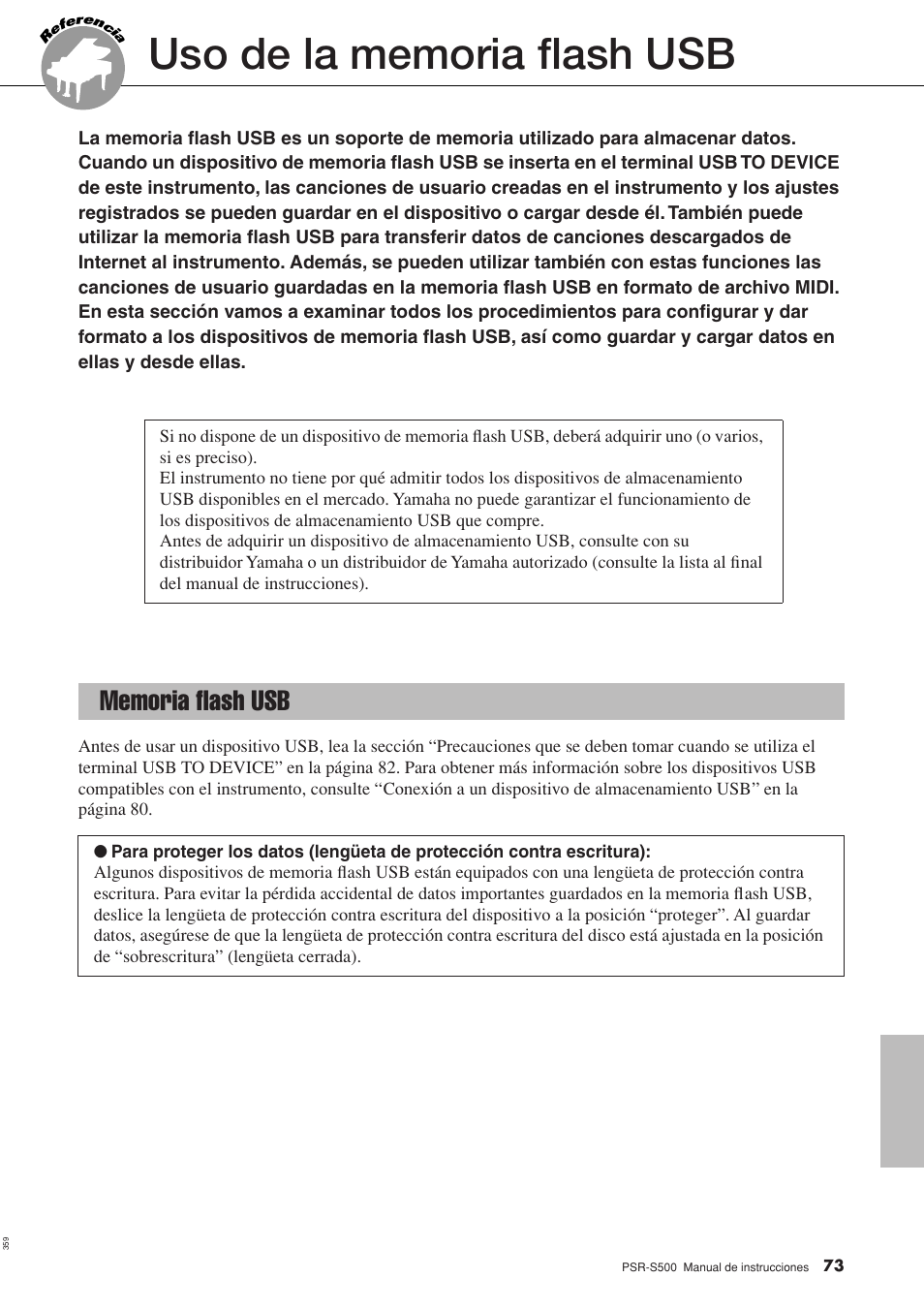 Uso de la memoria flash usb, Memoria flash usb | Yamaha WH27910 User Manual | Page 73 / 122