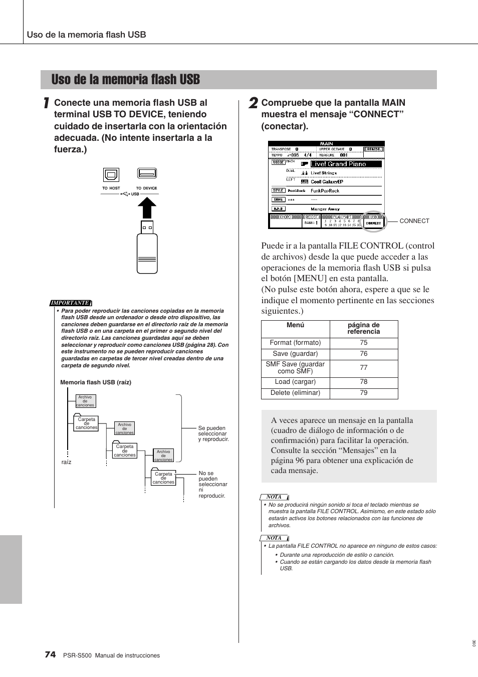 Uso de la memoria flash usb | Yamaha WH27910 User Manual | Page 74 / 122