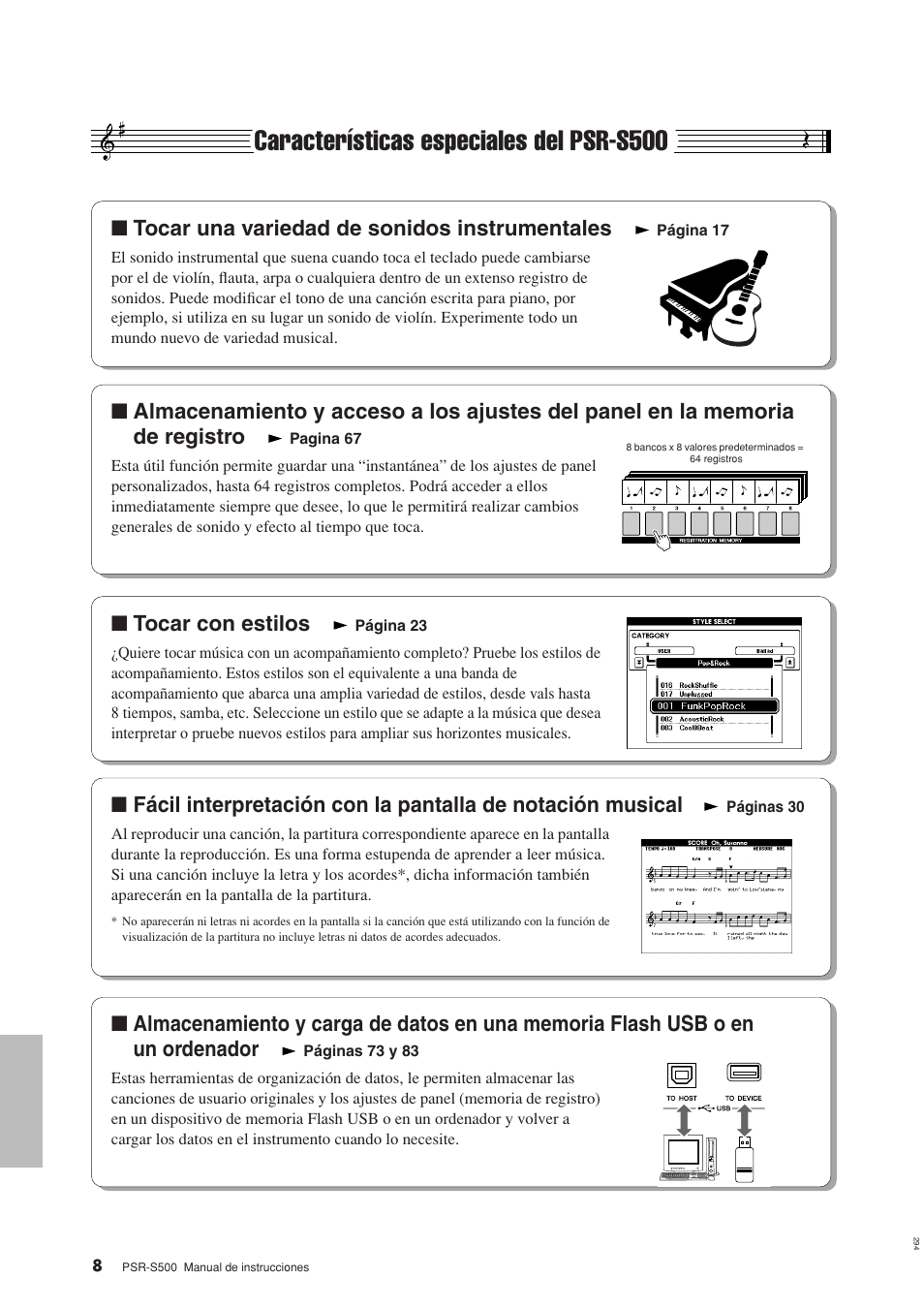 Características especiales del psr-s500, Tocar una variedad de sonidos instrumentales, Tocar con estilos | Yamaha WH27910 User Manual | Page 8 / 122