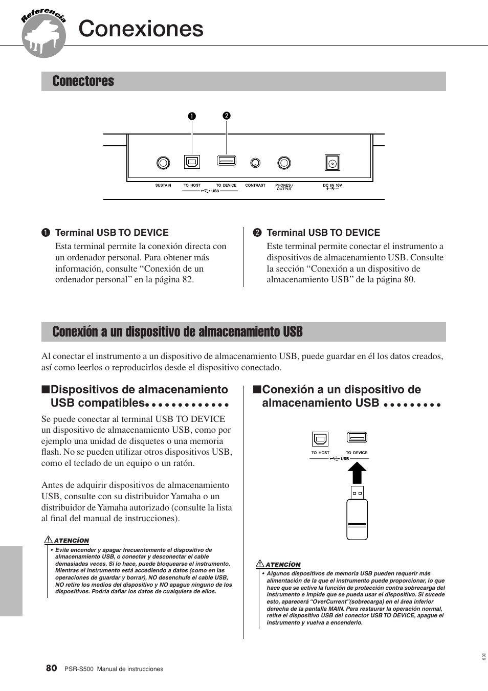 Conexiones, Conectores, Dispositivos de almacenamiento usb compatibles | Conexión a un dispositivo de almacenamiento usb | Yamaha WH27910 User Manual | Page 80 / 122