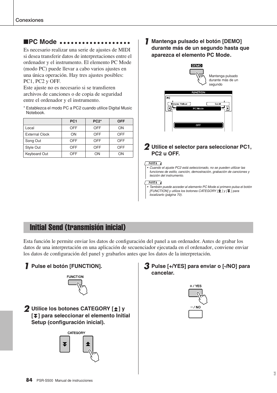 Initial send (transmisión inicial), Pc mode | Yamaha WH27910 User Manual | Page 84 / 122