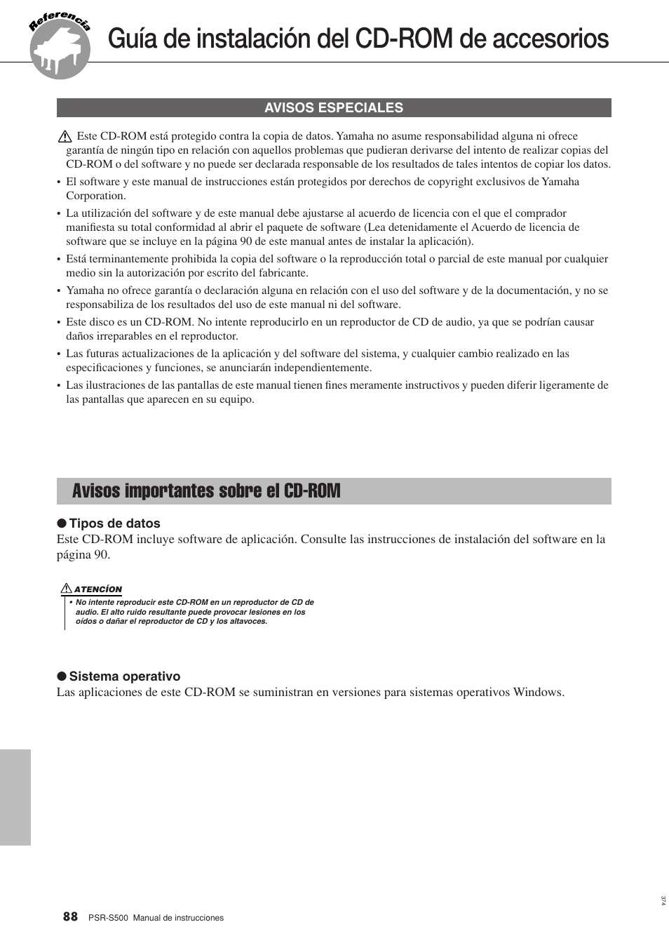 Guía de instalación del cd-rom de accesorios, Avisos importantes sobre el cd-rom | Yamaha WH27910 User Manual | Page 88 / 122