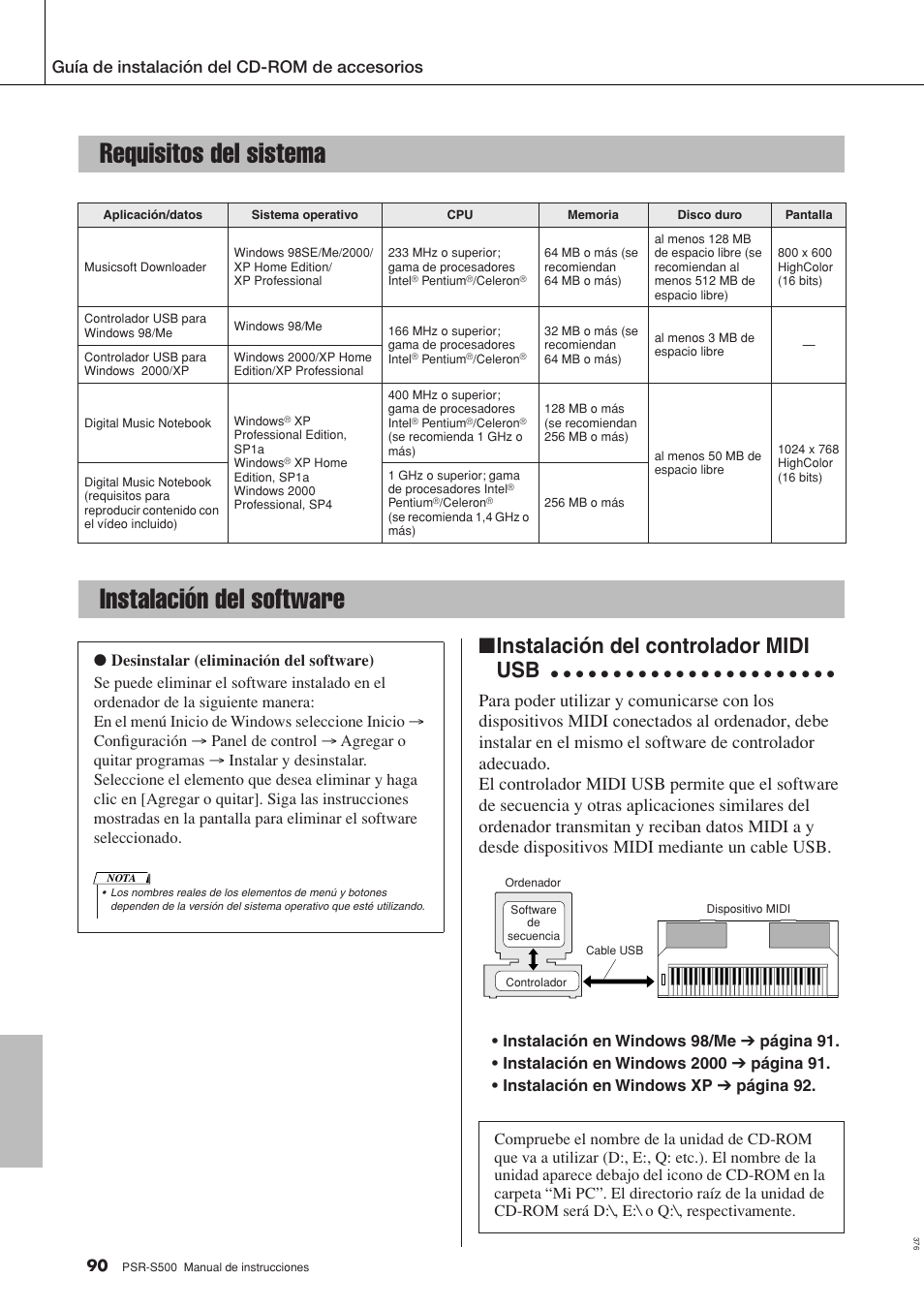 Requisitos del sistema instalación del software, Requisitos del sistema, Instalación del software | Instalación del controlador midi usb, Guía de instalación del cd-rom de accesorios | Yamaha WH27910 User Manual | Page 90 / 122